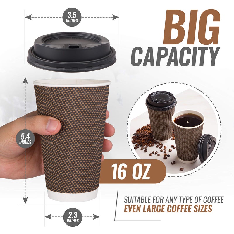Promora Brown Disposable Coffee Cups With Lids 16 oz, Premium Insulated Paper Ripple Cups for Hot Coffee, Paper Coffee Cup with Lids (80 Pack) - Image 2